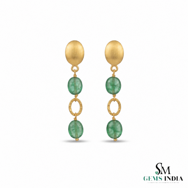 Oval Cabochon Emerald Beaded Drop Earrings With Diamond - Luxury Statement Jewelry