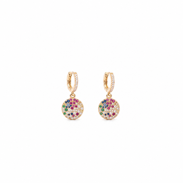 Multi-Color Sapphire & Diamond Disc Drop Hoop Earrings - Rainbow Gemstone Fine Jewelry for Women
