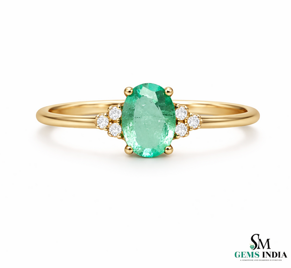 Natural Oval Emerald Engagement Ring with Diamond Accents – 14K Gold