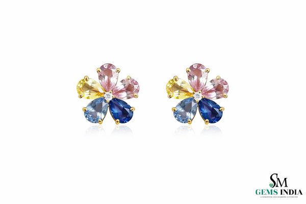 Multicolor Sapphire & Gemstone Flower Stud Earrings – Floral Diamond Accent Earrings for Women