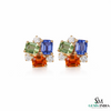 Multicolor Emerald Cut Gemstone Cluster Stud Earrings - Diamond Accent Geometric Stud Earrings for Women