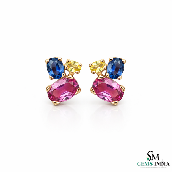 Multicolor Gemstone Trio Cluster Stud Earrings - Earrings for Women