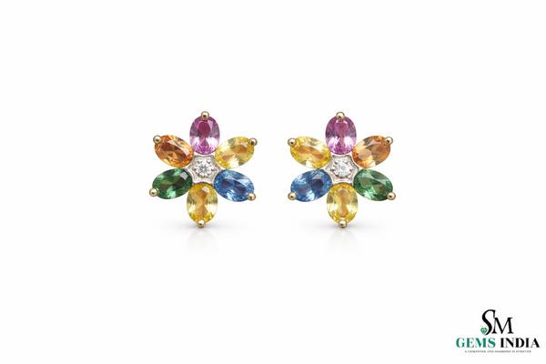 Oval Multicolor Gemstone Floral Stud Earrings – Diamond Center Rainbow Flower Earrings for Women