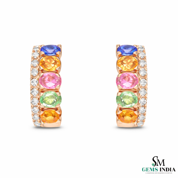 Rainbow Oval shape Multi Gemstone & Diamond Huggie Hoop Earrings