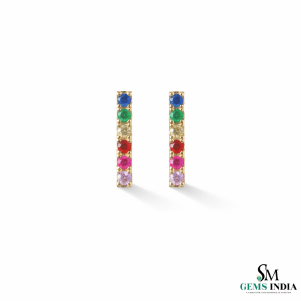 Multi Sapphire Vertical Bar Stud Earrings - Minimalist gemstone studs