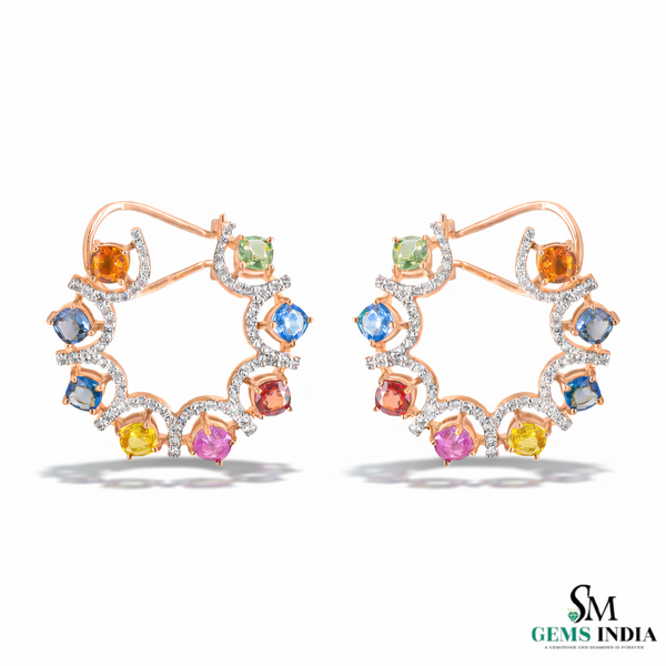 Cushion Gemstone Multicolor Sapphire & Diamond Open Hoop Earrings