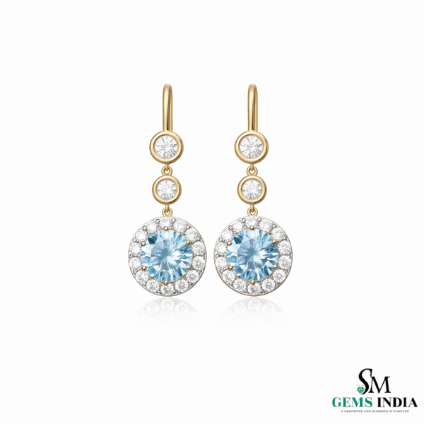 March Birthstone Round Aquamarine Diamond Drop Earrings – Fine Gold Jewelry