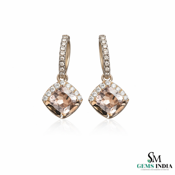 Cushion-Cut Morganite Diamond Dangle Hoop Earrings - Wedding hoop drop earrings