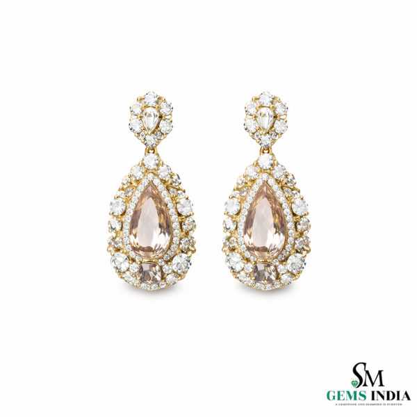 Elegant Pear Morganite Diamond Cluster Drop Earrings - Wedding guest jewelry