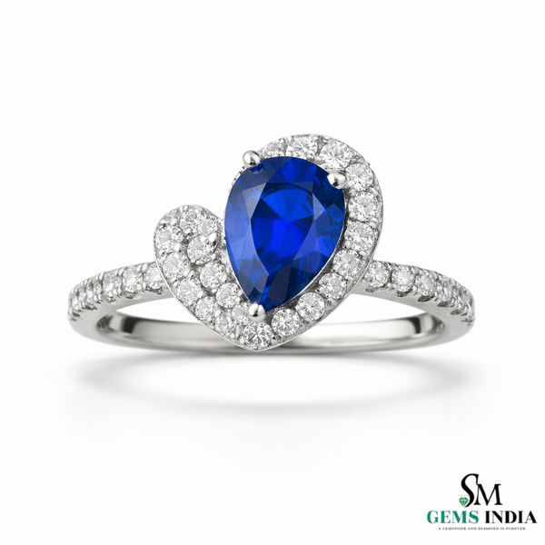Pear Shape Blue Sapphire Diamond Ring with Heart Halo - Promise Ring