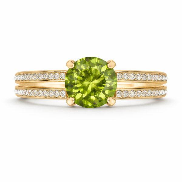 Natural Round Cut Peridot Faceted Gemstone Engagement Ring