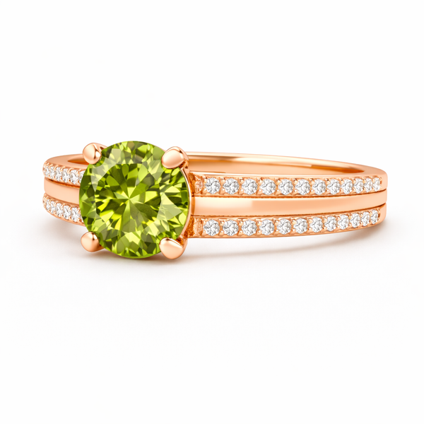 Natural Round Cut Peridot Faceted Gemstone Engagement Ring