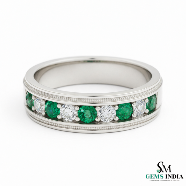 Men's 18k Gold Genuine Emerald & Diamond Wedding Band – May Birthstone