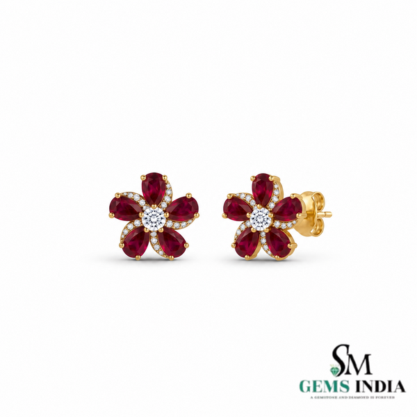 Pear Ruby Flower Stud Earrings with Diamond Accents – Elegant Statement Jewelry