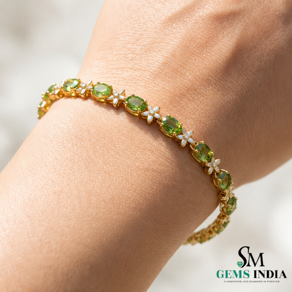 Natural Oval Peridot Bracelet with Diamond Flower Links for Women – August Birthstone Jewelry