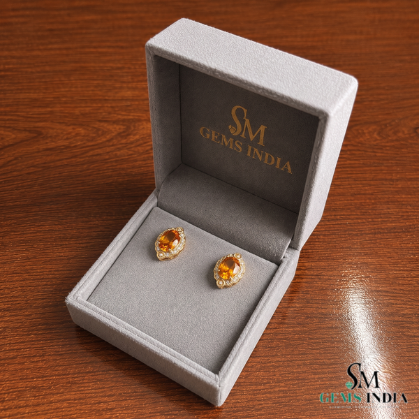 Natural Citrine Oval Stud Earrings With Diamond Halo - Fine Jewelry For Her