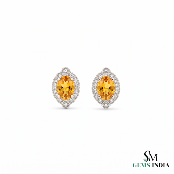 Natural Citrine Oval Stud Earrings With Diamond Halo - Fine Jewelry For Her