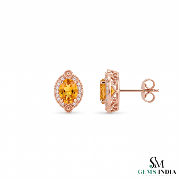 Natural Citrine Oval Stud Earrings With Diamond Halo - Fine Jewelry For Her