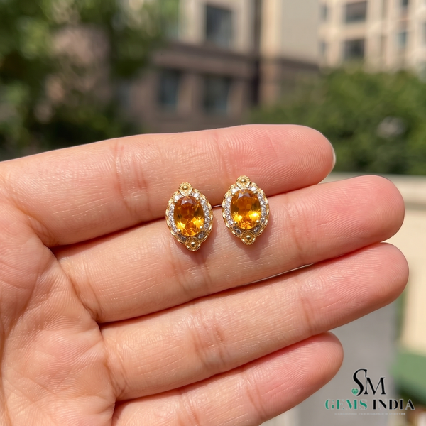 Natural Citrine Oval Stud Earrings With Diamond Halo - Fine Jewelry For Her
