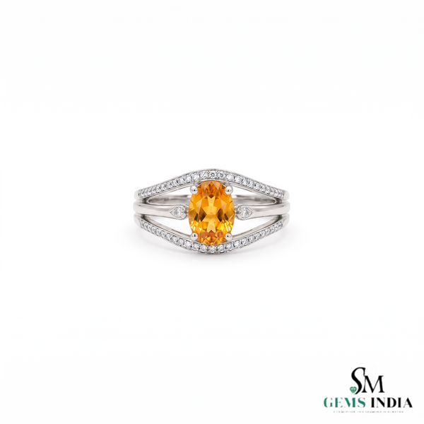 Oval Citrine Diamond Ring In 14K Gold- Classy Engagement Ring