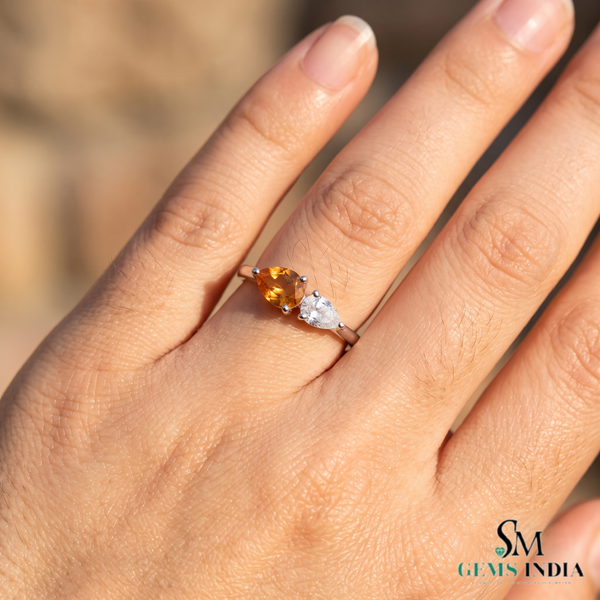 Pear Shaped Citrine Diamond Ring - Gift For Women