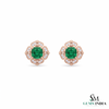 Vintage Floral cushion cutNatural Emerald & Diamond Stud Earrings in 18K Gold