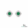 Vintage Floral cushion cutNatural Emerald & Diamond Stud Earrings in 18K Gold