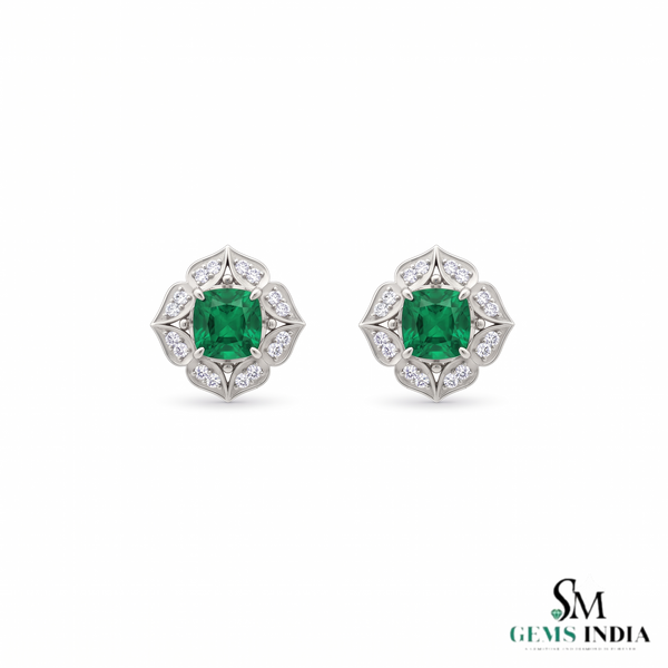 Vintage Floral cushion cutNatural Emerald & Diamond Stud Earrings in 18K Gold