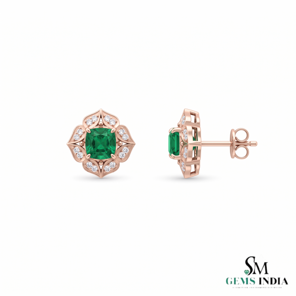 Vintage Floral cushion cutNatural Emerald & Diamond Stud Earrings in 18K Gold