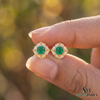 Vintage Floral cushion cutNatural Emerald & Diamond Stud Earrings in 18K Gold