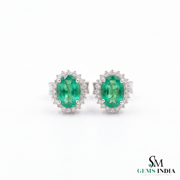 Oval shape Natural Emerald Halo Stud Earrings in 14k Gold with Diamond Accents