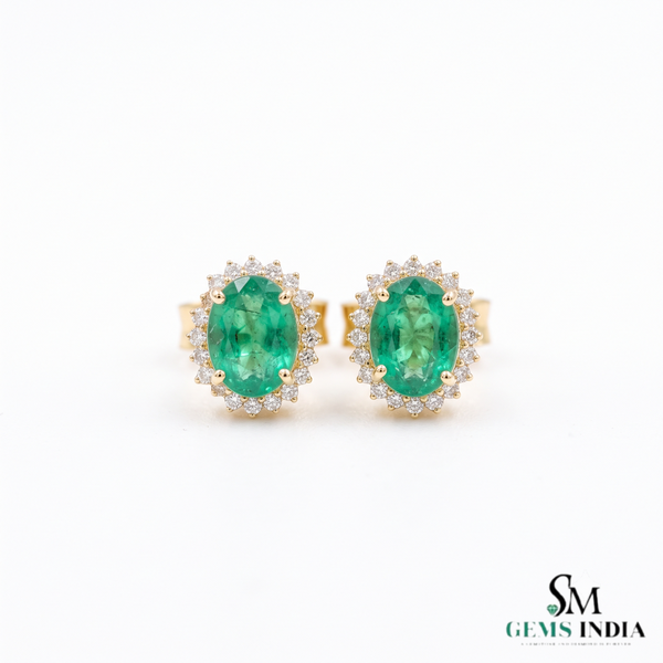 Oval shape Natural Emerald Halo Stud Earrings in 14k Gold with Diamond Accents