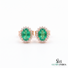 Oval shape Natural Emerald Halo Stud Earrings in 14k Gold with Diamond Accents