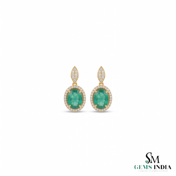 Vintage-Inspired Oval shape Natural Emerald Diamond Halo Earrings