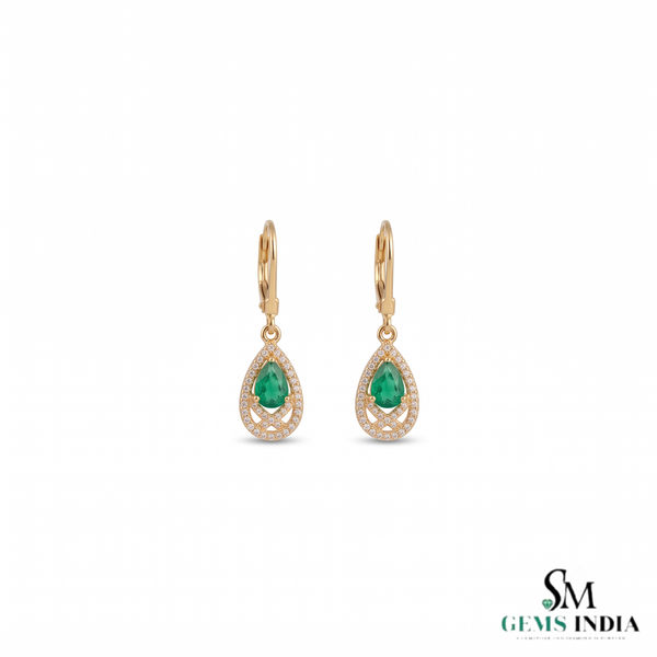 Luxury Natural Emerald Teardrop Earrings with Diamond Border 14K Gold