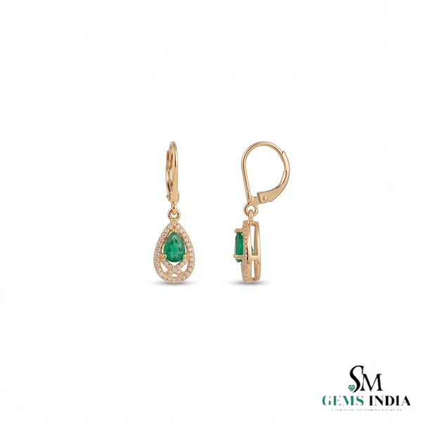 Luxury Natural Emerald Teardrop Earrings with Diamond Border 14K Gold