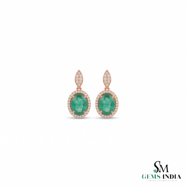 Vintage-Inspired Oval shape Natural Emerald Diamond Halo Earrings