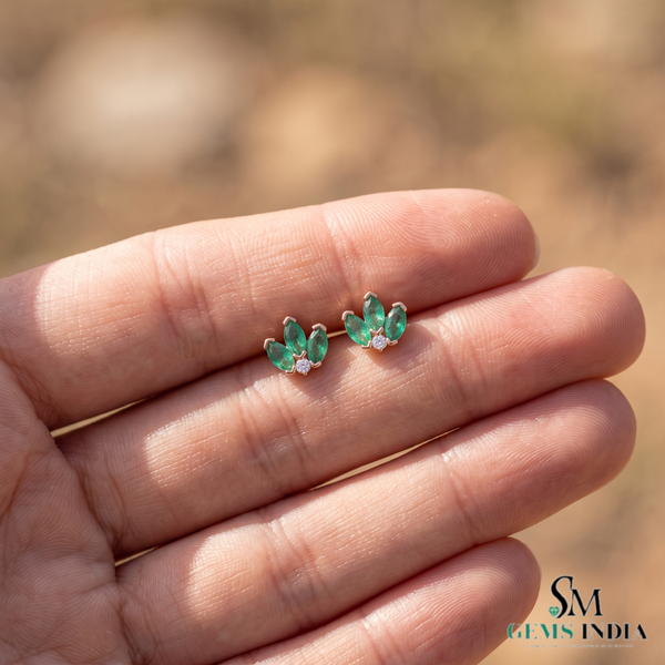 Marquise shape Natural EmeraldDiamond Floral Stud Earrings – 14K Gold