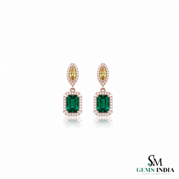 Royal Emerald cut Natural Emerald Halo Drops Earring– 14K Gold Dangle Elegance
