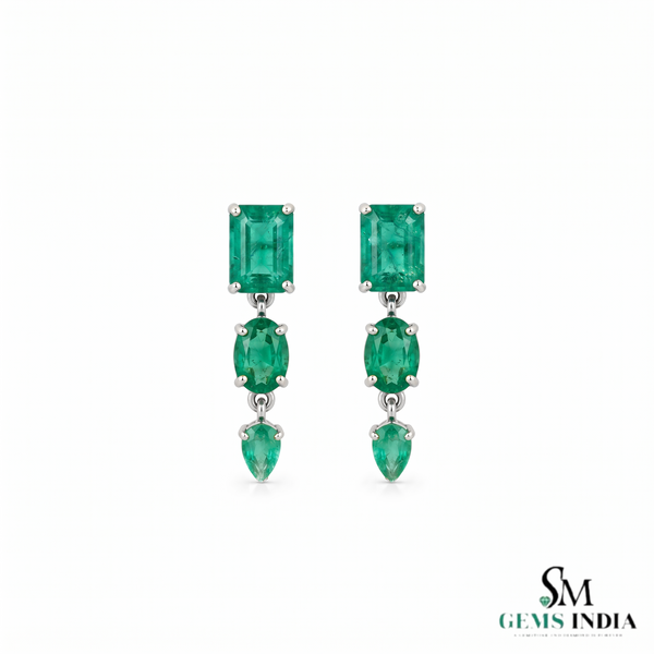 Emerald Cut , Pear Oval Three-Tier Natural Emerald Drop Earrings in 14K Gold