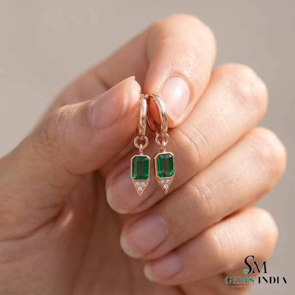 Emerald cut Natural Emerald Green Stone Dangle Earrings Diamond Accent Dangles