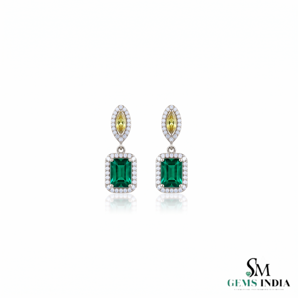 Royal Emerald cut Natural Emerald Halo Drops Earring– 14K Gold Dangle Elegance