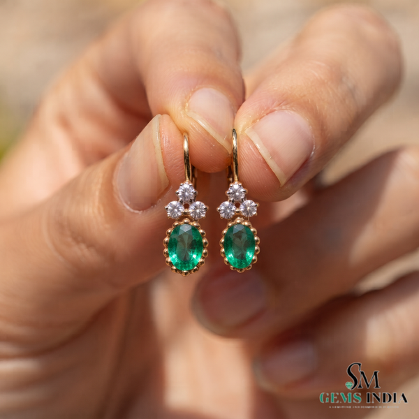 2.10 carat Oval Natural Emerald Dangle Earrings with Diamond Cluster 14K Gold Gift for Her