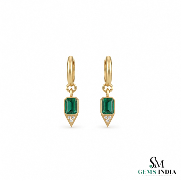 Emerald cut Natural Emerald Green Stone Dangle Earrings Diamond Accent Dangles
