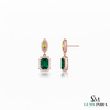 Royal Emerald cut Natural Emerald Halo Drops Earring– 14K Gold Dangle Elegance