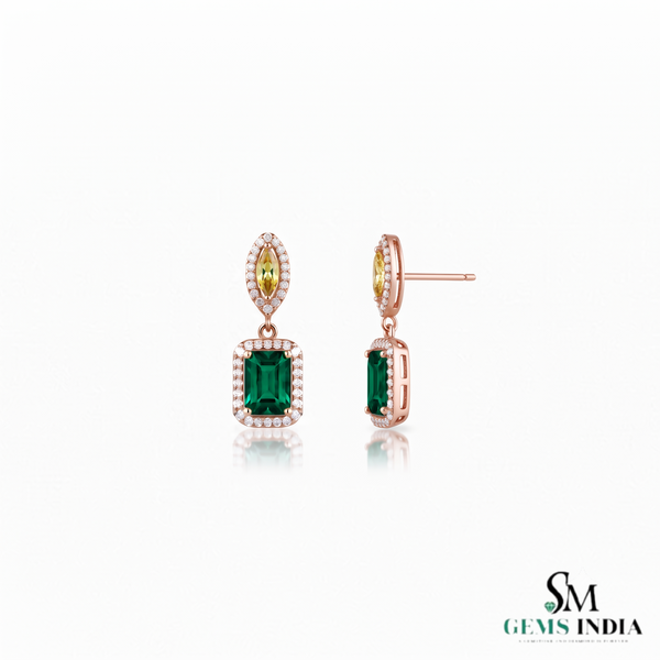 Royal Emerald cut Natural Emerald Halo Drops Earring– 14K Gold Dangle Elegance