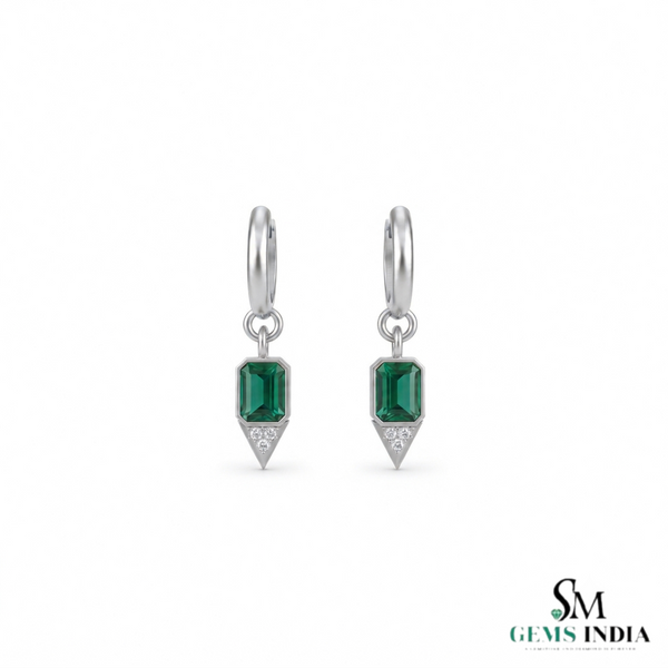 Emerald cut Natural Emerald Green Stone Dangle Earrings Diamond Accent Dangles