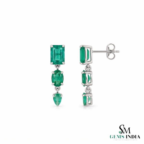 Emerald Cut , Pear Oval Three-Tier Natural Emerald Drop Earrings in 14K Gold