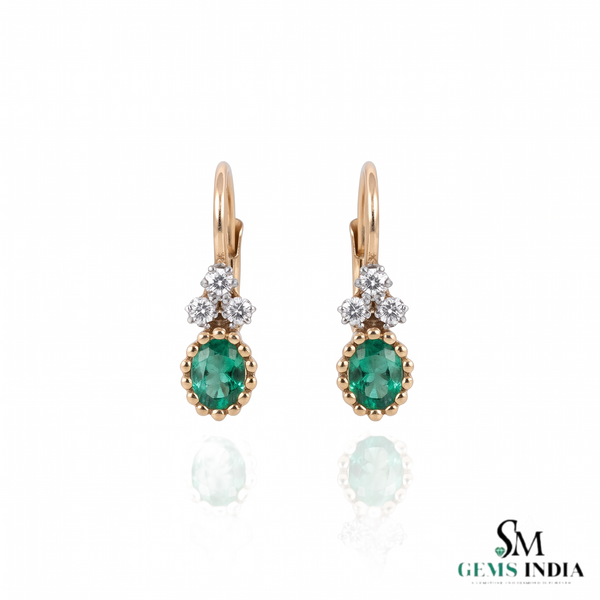 2.10 carat Oval Natural Emerald Dangle Earrings with Diamond Cluster 14K Gold Gift for Her