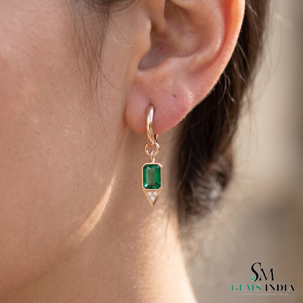 Emerald cut Natural Emerald Green Stone Dangle Earrings Diamond Accent Dangles